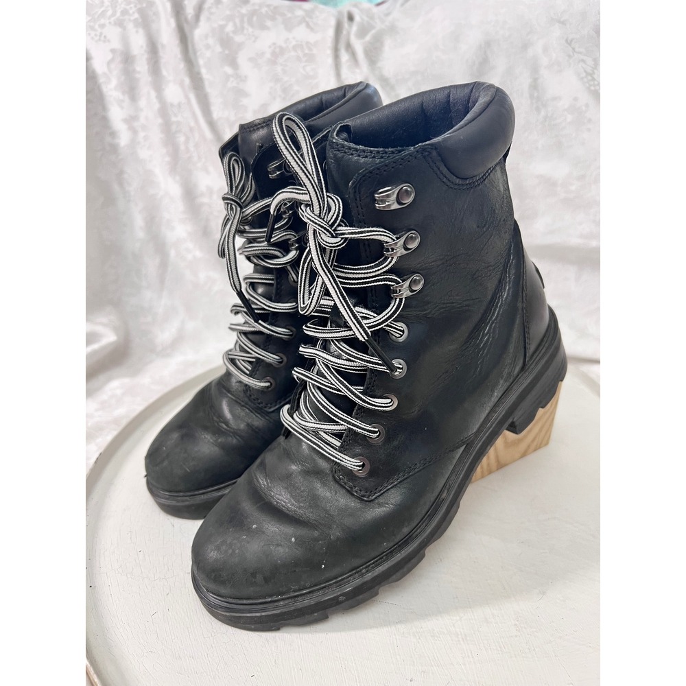 Sorel Lennox Lace Black Leather Waterproof Combat Boots NL4843-010 Womens 9